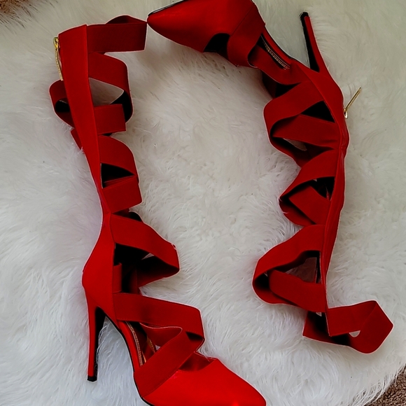 Liliana Shoes - Calf-High Red Strappy Heels
